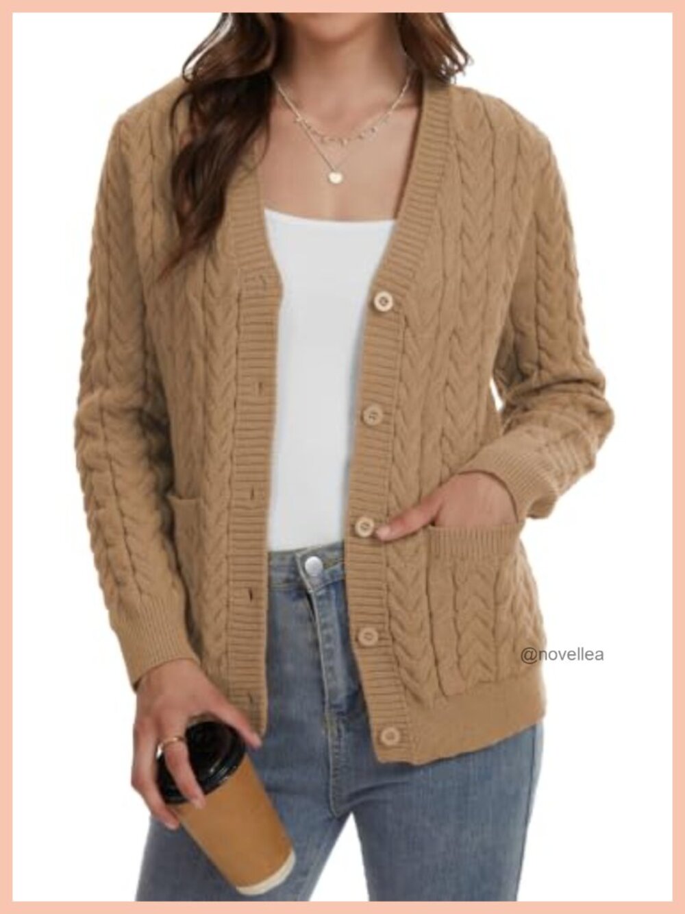 Cable Knit Open Front Cardigan Button Up V Neck Chunky Sweater with Pockets